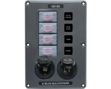 Blue Sea Systems Panel Switch H2O CB 4pos Socket & USB Grey (replaces 4321B-BSS)