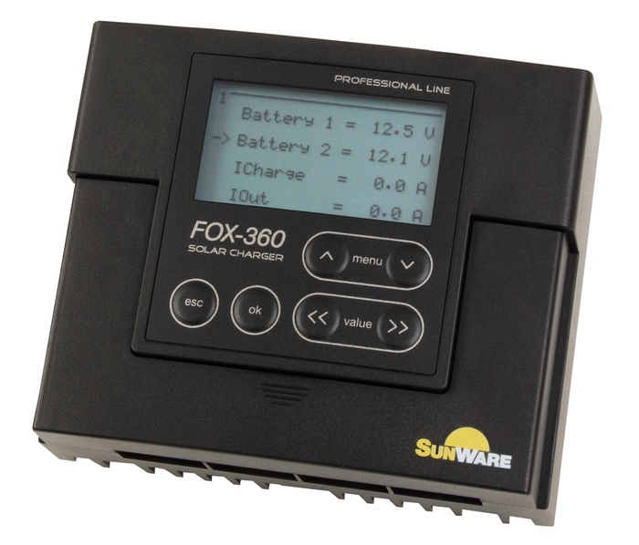 FOX-360 LCD, 20A, 12V/24V 2 Batt, over- +discharge protection